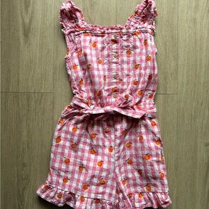 NWT Mini Boden Linen Cotton Ruffle Romper Pink Print